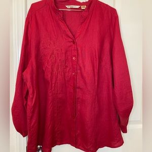 Ecologie 2X Womens Red 100% Linen Long Sleeve Top with Embroidered Flower Detail